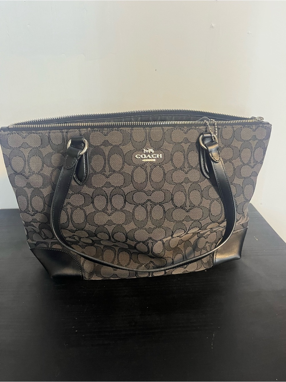 Coach Brown Monogram Tote with Black Trim